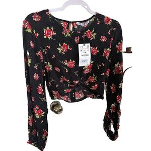 NWT Zara Black And Red Rose Wrap Tie Waist Crop Top Sz M | B11